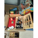 A 1960's tinplate "Arial Ropeway"; a student microscope; chess sets