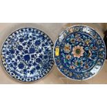 An 18/19th Iznik style pottery dish blue ground with glazed finish birds on branches, diameter