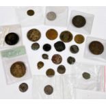 A selection of early copper coinage including some roman issues and a 1690 James II gun money half