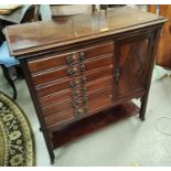 An Edwardian mahogany music cabinet with 6 drawers, side cupboard and undertier, width 27cm