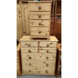 A modern pine chest of 3 long and 4 short drawers; a 3-height bedside cabinet