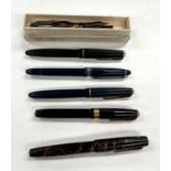 Two vintage Parker pens; 3 other fountain pens