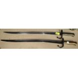 Two French 1866 pattern Chassepot sword bayonets, brass ribbed handle stamped B69024 to one,