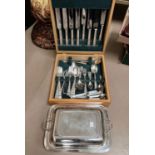 A silver plated rectangular covered entrée dish; a silver plated 'Community' canteen of cutlery in