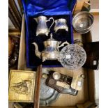 An EPNS 3 piece tea service, cased; a plated coaster;  pewter dish; a sugar scuttle; scales; etc.