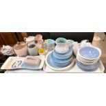 A selection of Poole tea ware, different colours, greens and grays, pinks etc