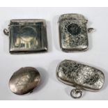 Four hallmarked silver items:  sovereign/half sovereign case; 2 vesta cases; a patch box, various