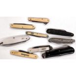A silver bladed fruit knife and a selection of other pocket knives including bone