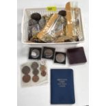 A selection of GB crowns; pre-decimal pennies; 1953 GB coin set; etc.