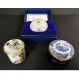 A Halcyon Days boxed commemorative enamel pot 25 years, another unboxed with bird decoration and a