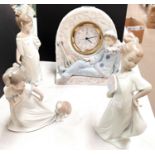 A Lladro clock with a clown; 3 Nao figures of children.