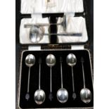 A hallmarked silver cased christening set, Sheffield 1959, 3oz; a set of bean knop coffee spoons,
