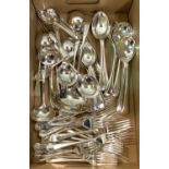 A 12 setting canteen of silver plated cutlery housed in demi-lune mahogany table / cabinet; Albin