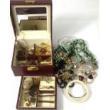 A selection of costume jewellery with box including brooches, necklaces etc
