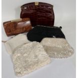 4 fancy beaded evening bags; a marble effect small clutch bag; a vintage reptile skin handbag