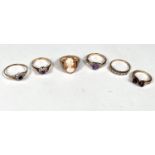 Six 9ct gold rings, one cameo, others with coloured stones, 11.1gm