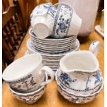 A Johnson Bros Indies part tea service, blue and white pattern; an Old Foley cake plate and server