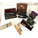 A 19th century mahogany pair of scales; a pocket telescope; a pair of opera glasses, drawing sets,