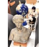 A small Lapis Lazuli coloured globe; a bust of Aphrodite on a wooden plinth; a Royal dux Art Deco