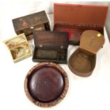 A leather collar box; a fabric jewellery box; an onyx cigarette box; a large oriental vase stand;