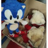Two Harrods Christmas Teddies 2007 & 2009 and a large Sonic The Hedgehog stuffed toy