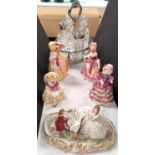 A silver plated cruet set with cut glass ceramic figures etc.