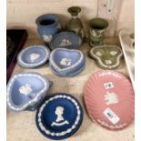 A selection of various Wedgwood Jasperware vases, dishes, light blue, pink, green etc