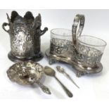 A finely decorated silver plated wine cooler, a Victorian silver plated preserve server, 2