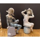 Two Lladro figures, Harlequin on cube seat and a girl trying on hat