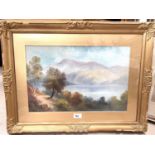19th century lake scene and landscape with trees, oil on card, unsigned, 29 x 45cm, framed and