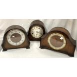 Three 1930's/50's mantel clocks with chime; 2 oak cased, 1 walnut