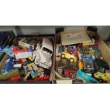 A large collection of boxed and unboxed diecast vehicles including vans, cars figures, dolls house