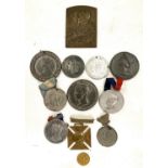 A bronze George V coronation plaque, height 7.5cm; other commemorative medallions; etc.