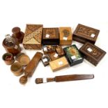 A collection of miniature Tunbridge/tortoiseshell boxes (a.f.); treen