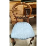 A Victorian set of 3 balloon back dining chairs with blue drop in seats, plus 2 similar chairs; A