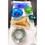 A collection of coloured studio art glass ashtrays etc.