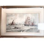 19th century landscape with castles, pair of monochrome washes, framed and glazed; a marine print