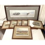 A collection of racing prints of 19th century horse races, Epsom etc; A Pencil signed Geldart