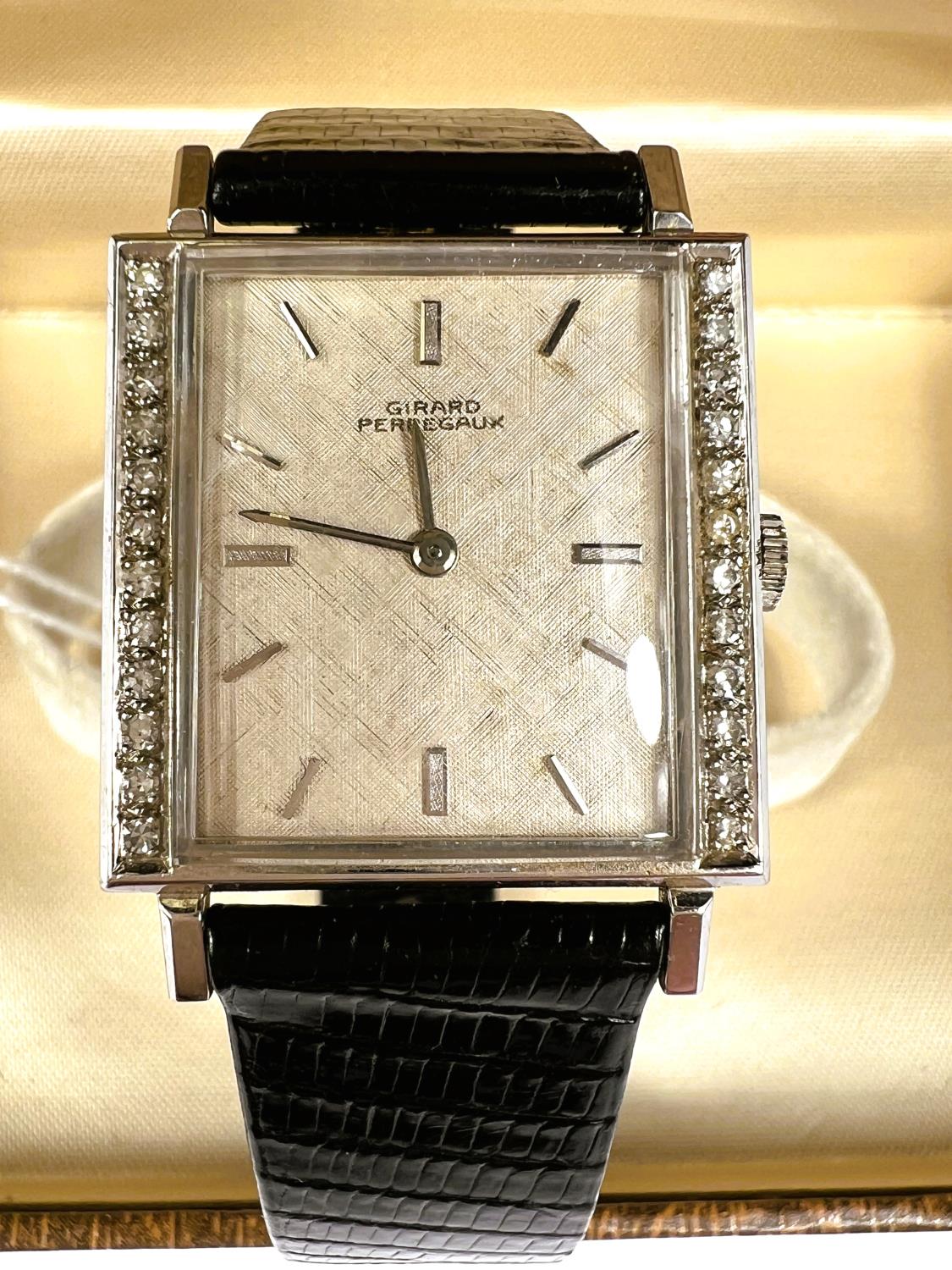 GIRARD PERREGAUX: c. 1970, a white 14ct gold cased rectangular mechanical wrist watch with - Image 2 of 3