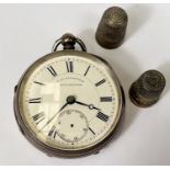 A hallmarked silver pocket watch, white dial, Roman numerals, seconds hand missing, S
