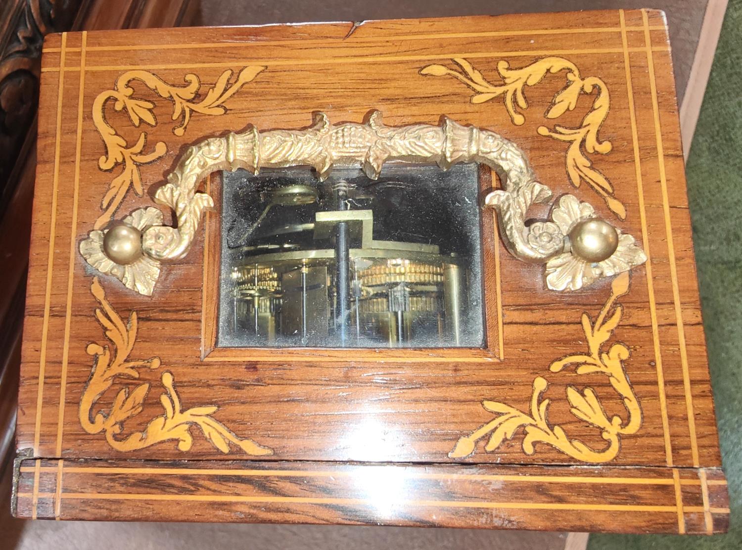 A 19th century French mantle clock in inlaid rosewood case with silvered dial and striking - Image 2 of 2