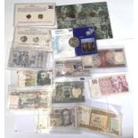 Coin sets: Mexico, Luxembourg, Suriname and Lethoso; a selection of various foreign banknotes