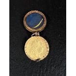 A George III spade guinea (date worn) in gold and bloodstone locket (tests as 14ct), 14.0gm