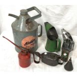 A collection of vintage oil cans:  Aladdin; Singer; Halfords; etc.