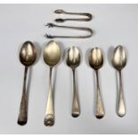 Five various hallmarked silver teaspoons; 2 pairs of hallmarked silver sugar tongs, various dates