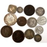 A small selection of foreign coins including an Egyptian 10 Qirsh and USA quarter dollar, 1908