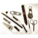 A Tartan ware penknife, pen and pencil with bone ends, a 'cigar fan' other miniature collectables