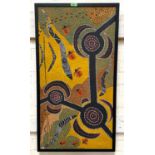 An aboriginal artwork or insects, boomerangs and spears with dotted patination, framed