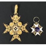 A yellow metal filigree Maltese cross with central enamel boss; a similar smaller pendant, tests