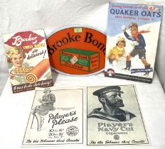 Advertising: A Brooke Bond oval glass shop display sign, length 39cm; a card Quaker Oats shop